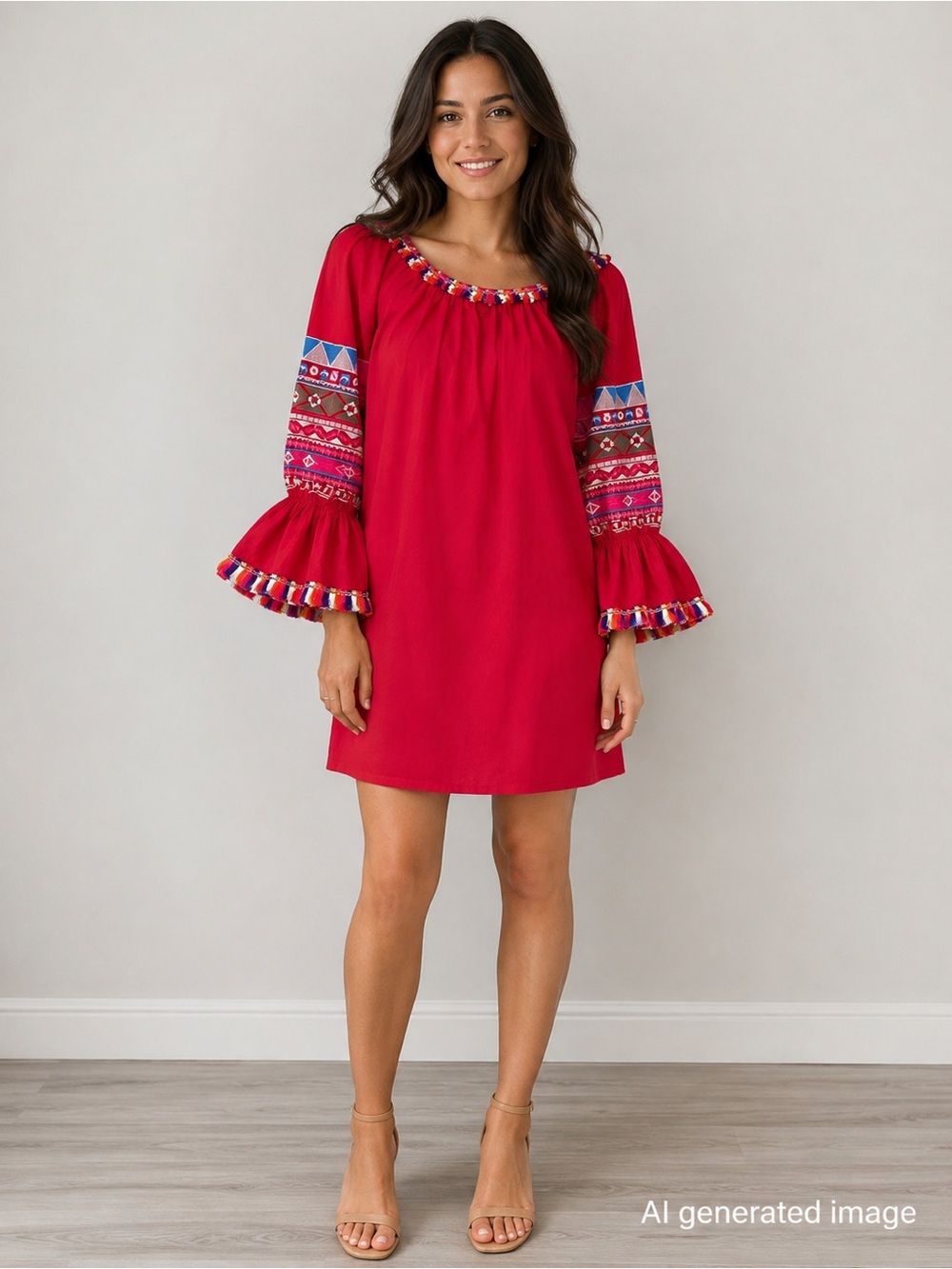 NWT Velzera Embroidered Tassel Beaded Red Peasant Dress Sz S 100% Cotton